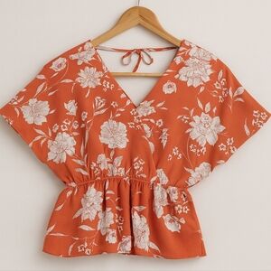 Good Luck Gem Coral Floral Cinched Waist V-Neck Blouse - Size Large